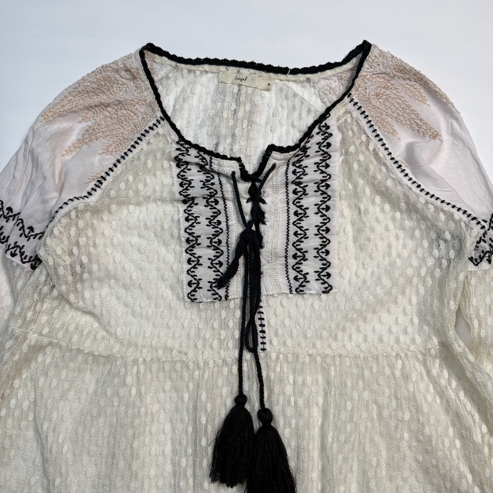 Hazel Shirt Womens Small White Lace Sheer Embroidered Tassel Boho Tunic Top